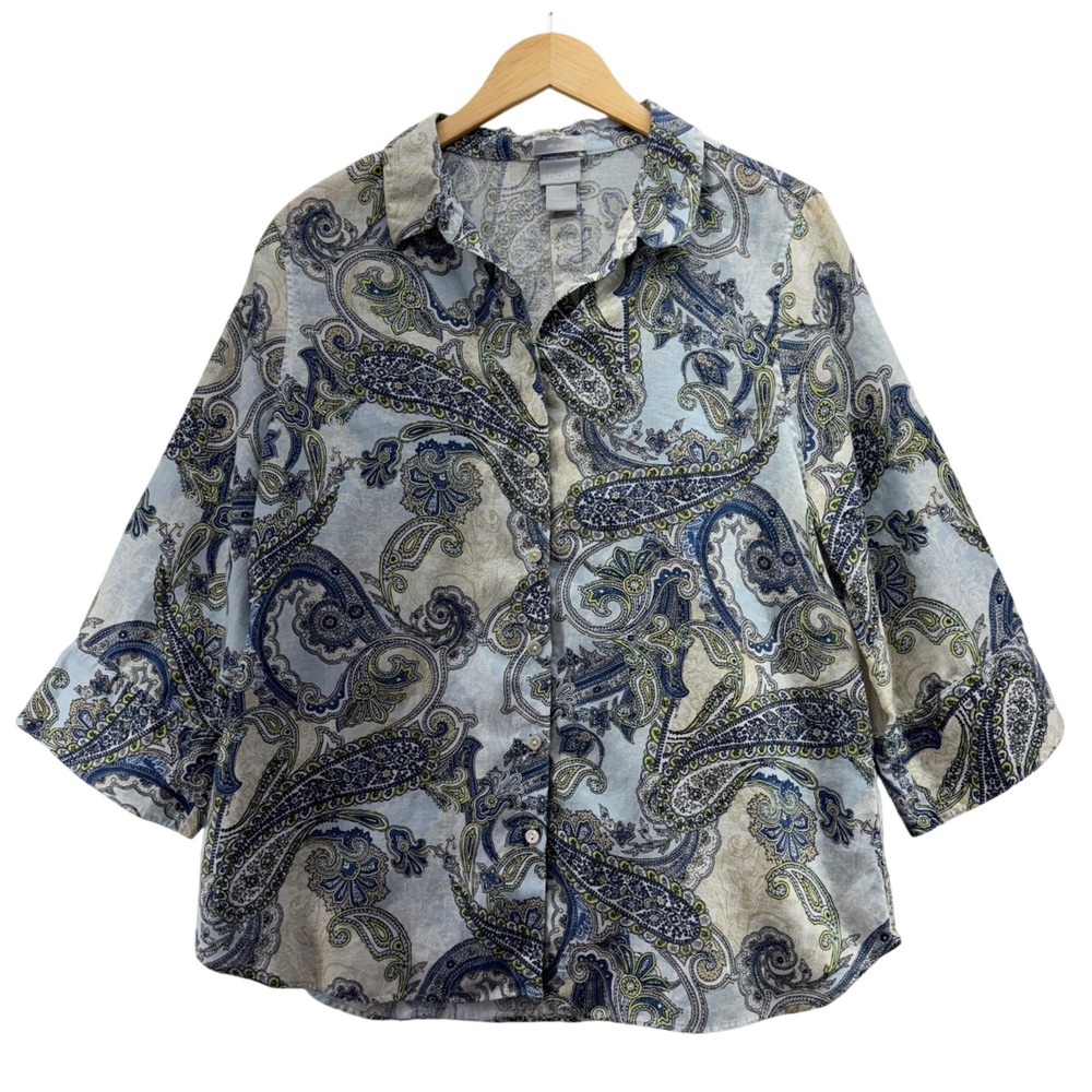 Chico's Womens Size 2 US Large 12 Paisley Shirt Linen Non Iron Blue Beige Blouse